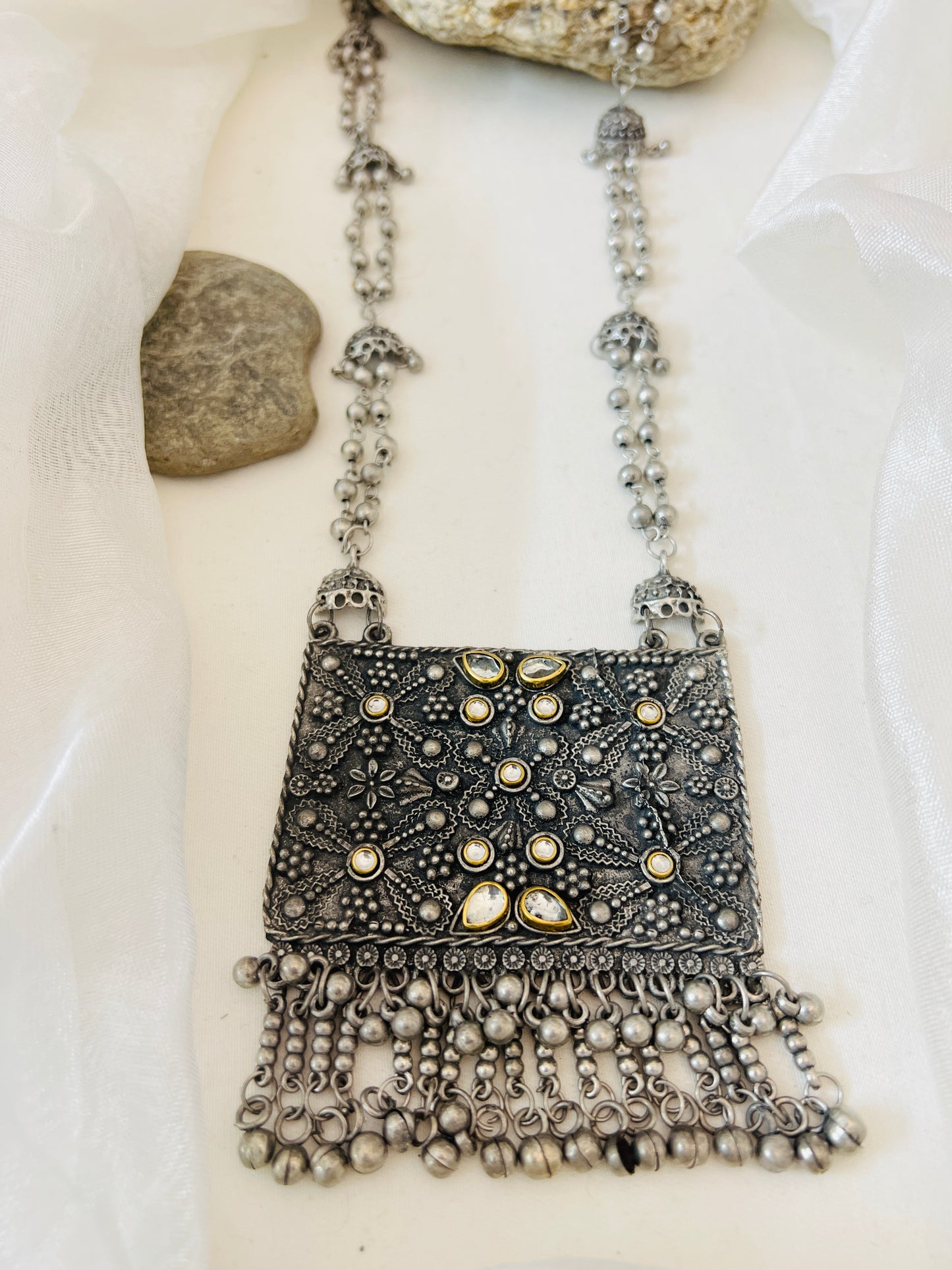 One of Kind Square Shape Chunky Long Oxidised German Silver Necklace