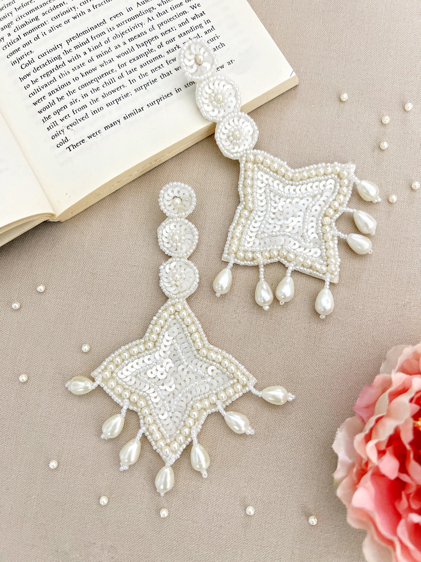White Pearl Handmade Beaded Party Wear Earrings