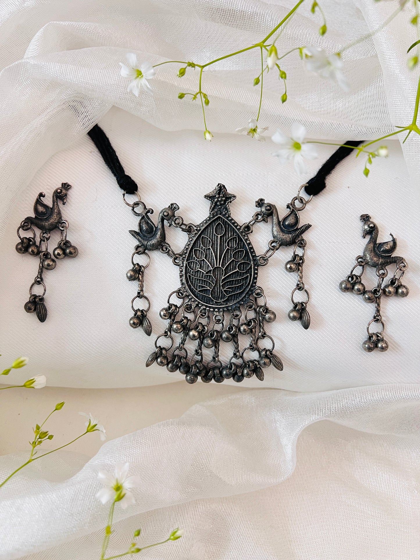 Oxidised Silver Peacock Choker Necklace with Earrings