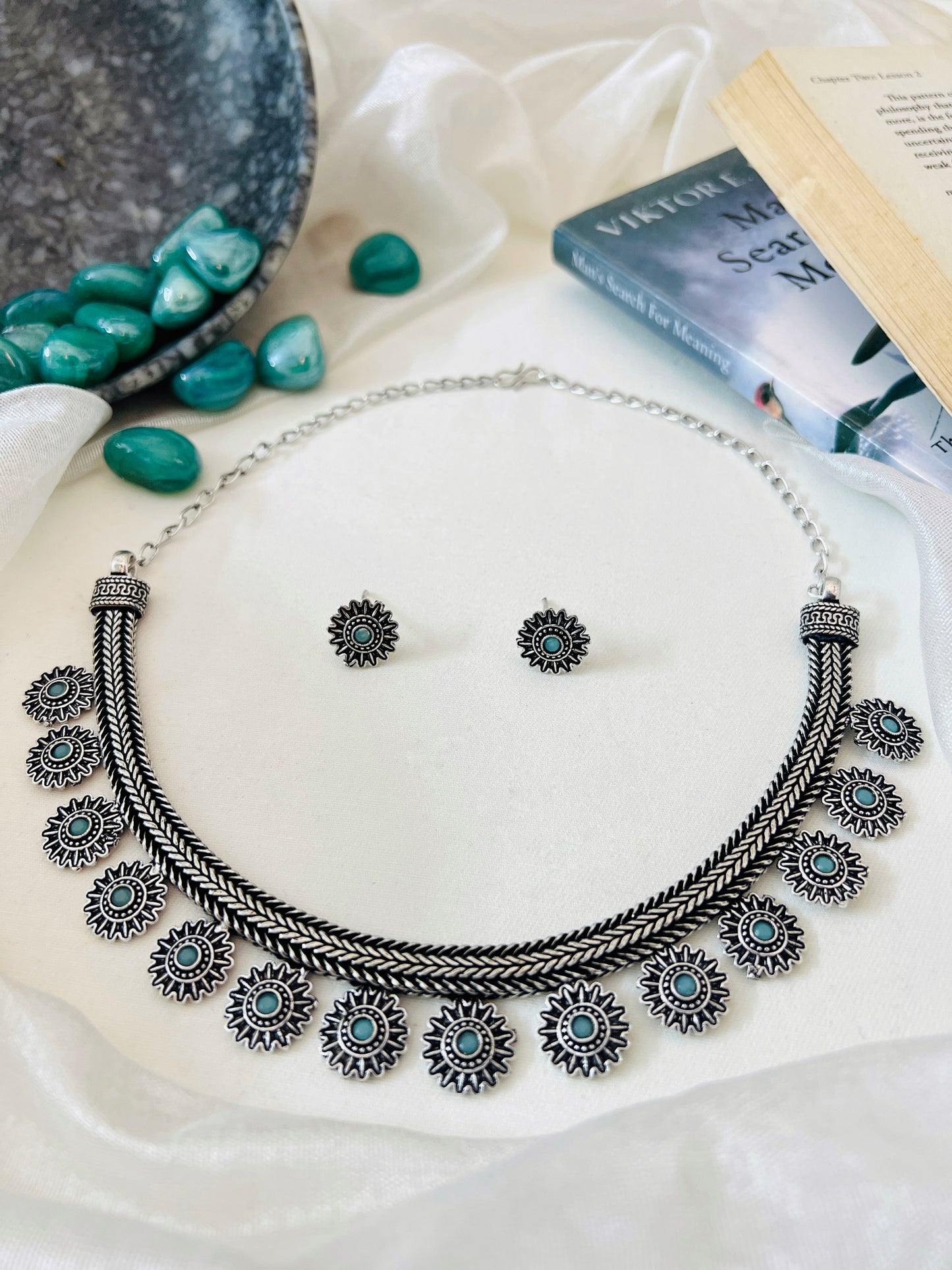 German Silver Sea Green Necklace with Stud Earrings Set