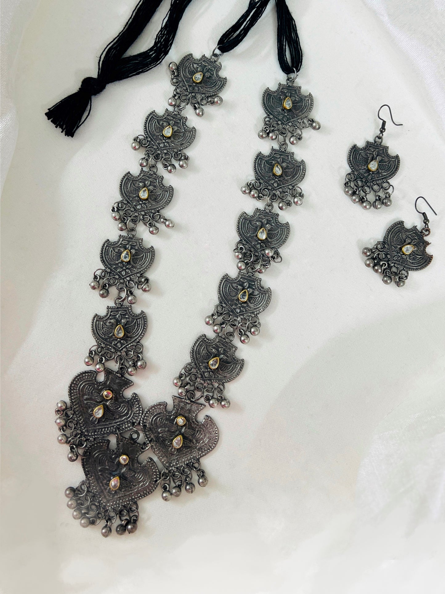 Oxidised SIlver Antique Black Finish Long Boho Necklace with Earrings