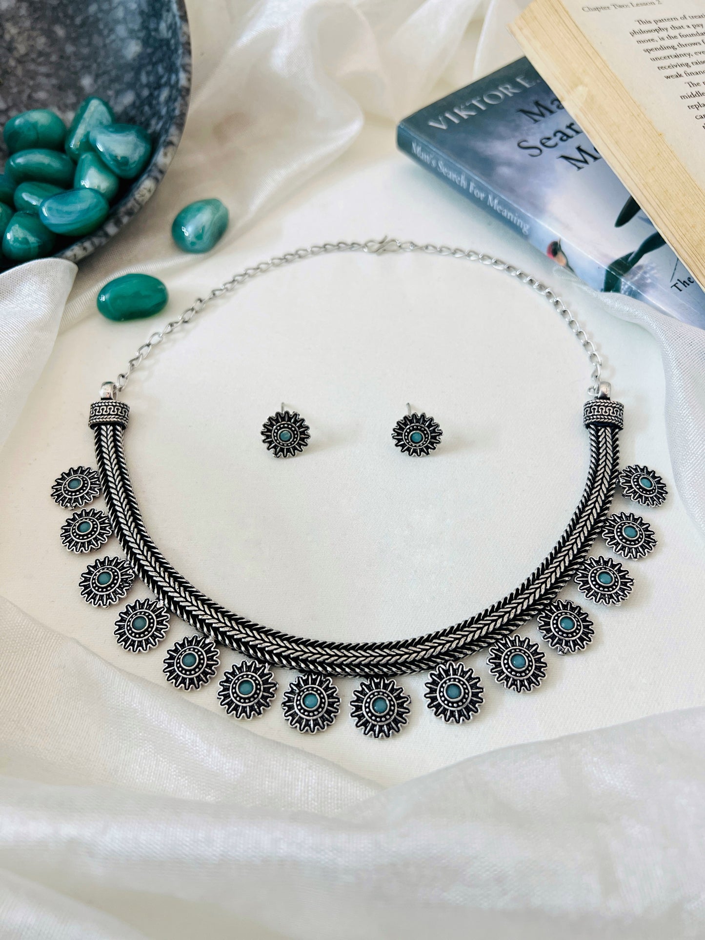 German Silver Sea Green Necklace with Stud Earrings Set
