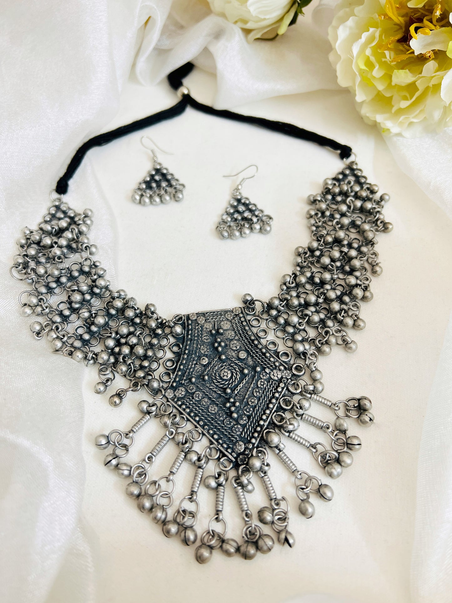 Oxidised German Silver Antique Boho Afghani Tribal Necklace With Earrings
