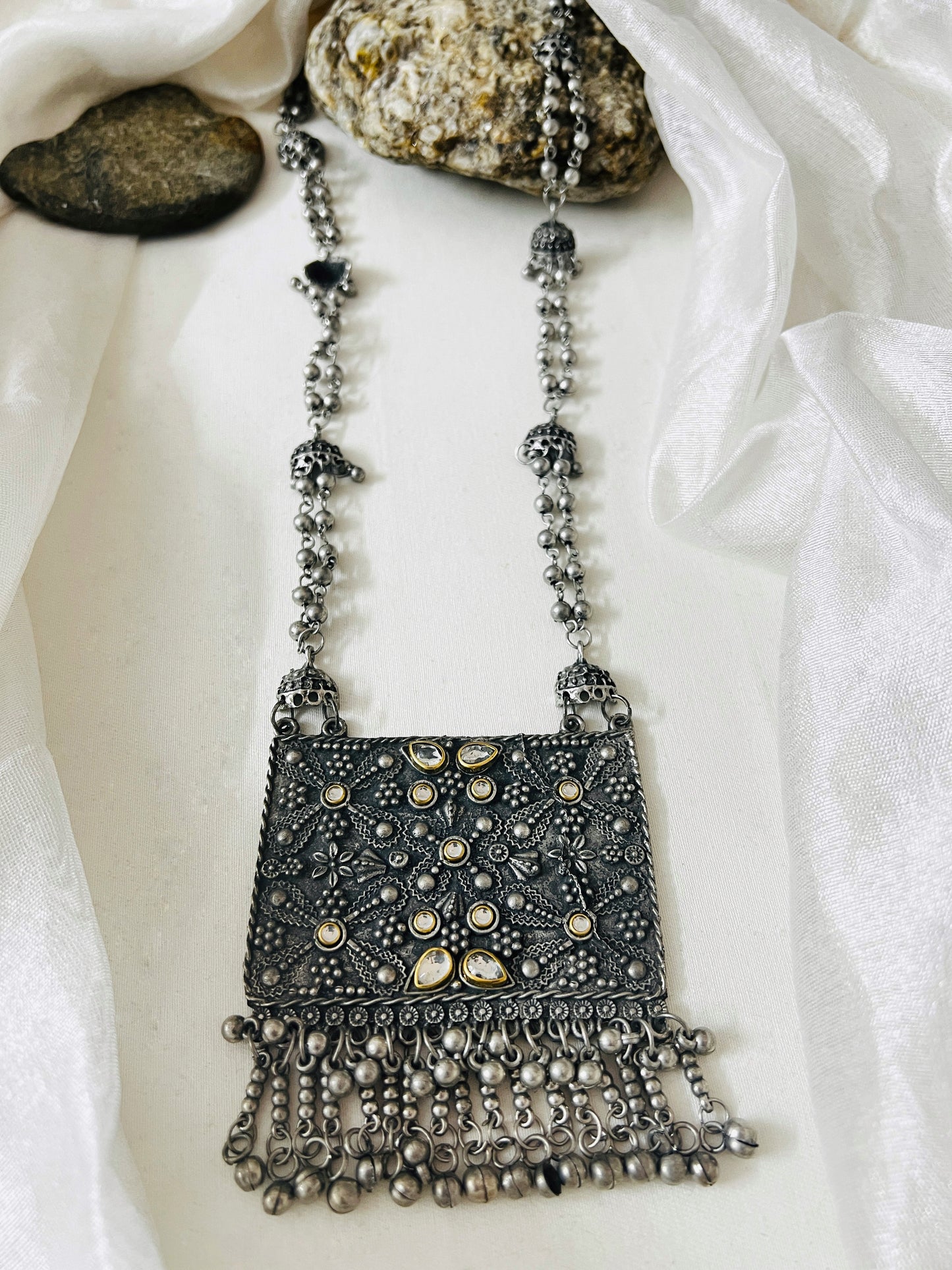 One of Kind Square Shape Chunky Long Oxidised German Silver Necklace