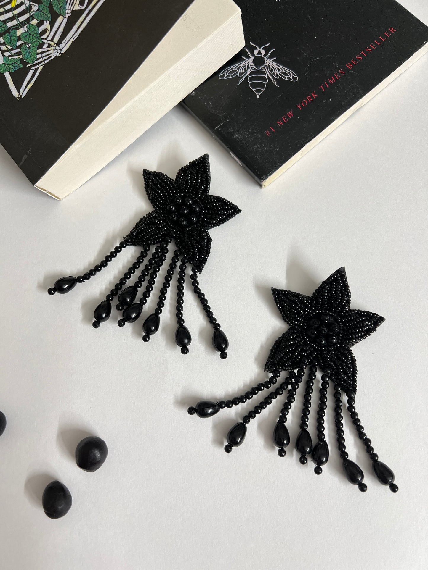 Black Beaded Handcrafted Floral Earrings