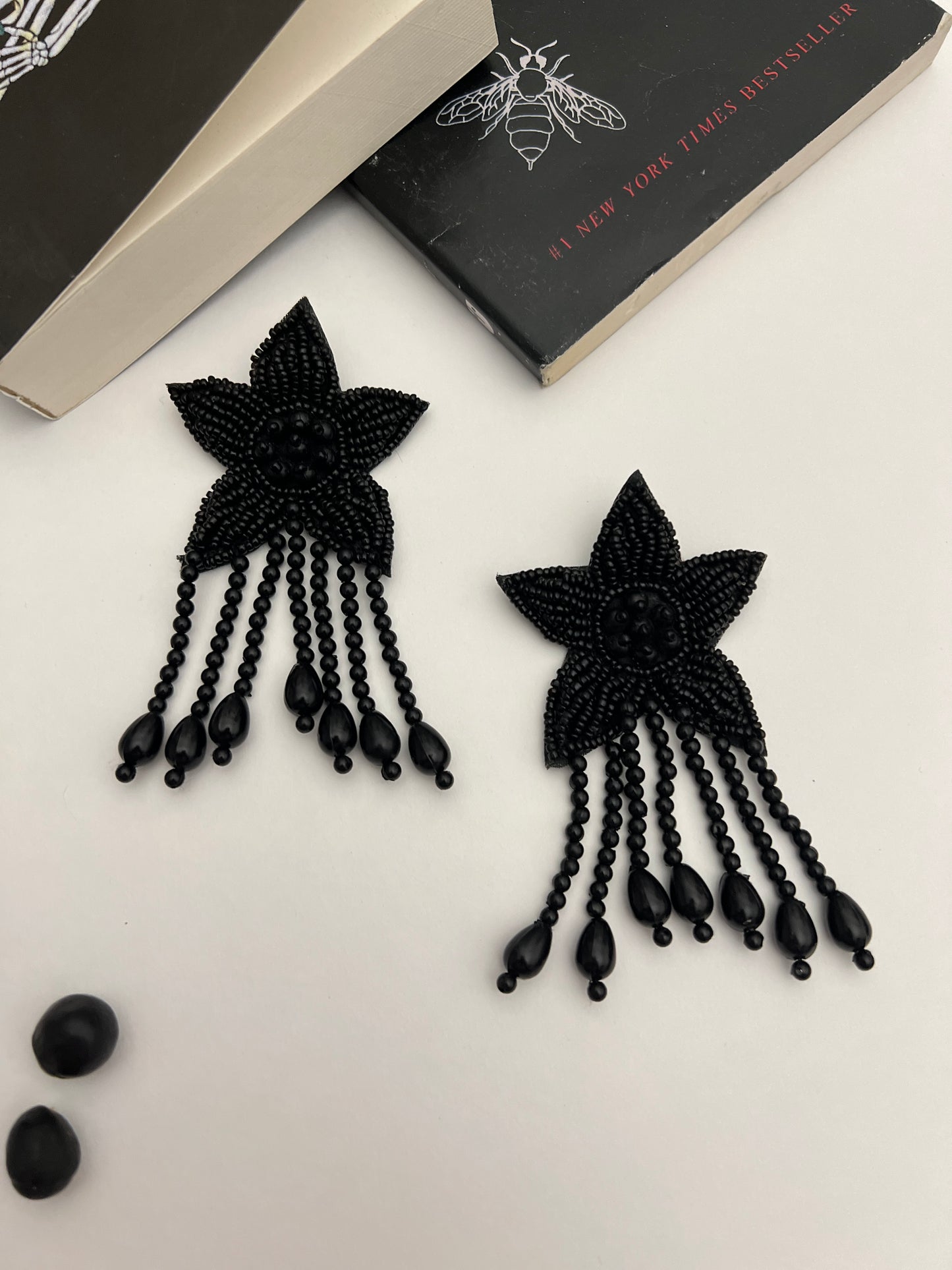 Black Beaded Handcrafted Floral Earrings