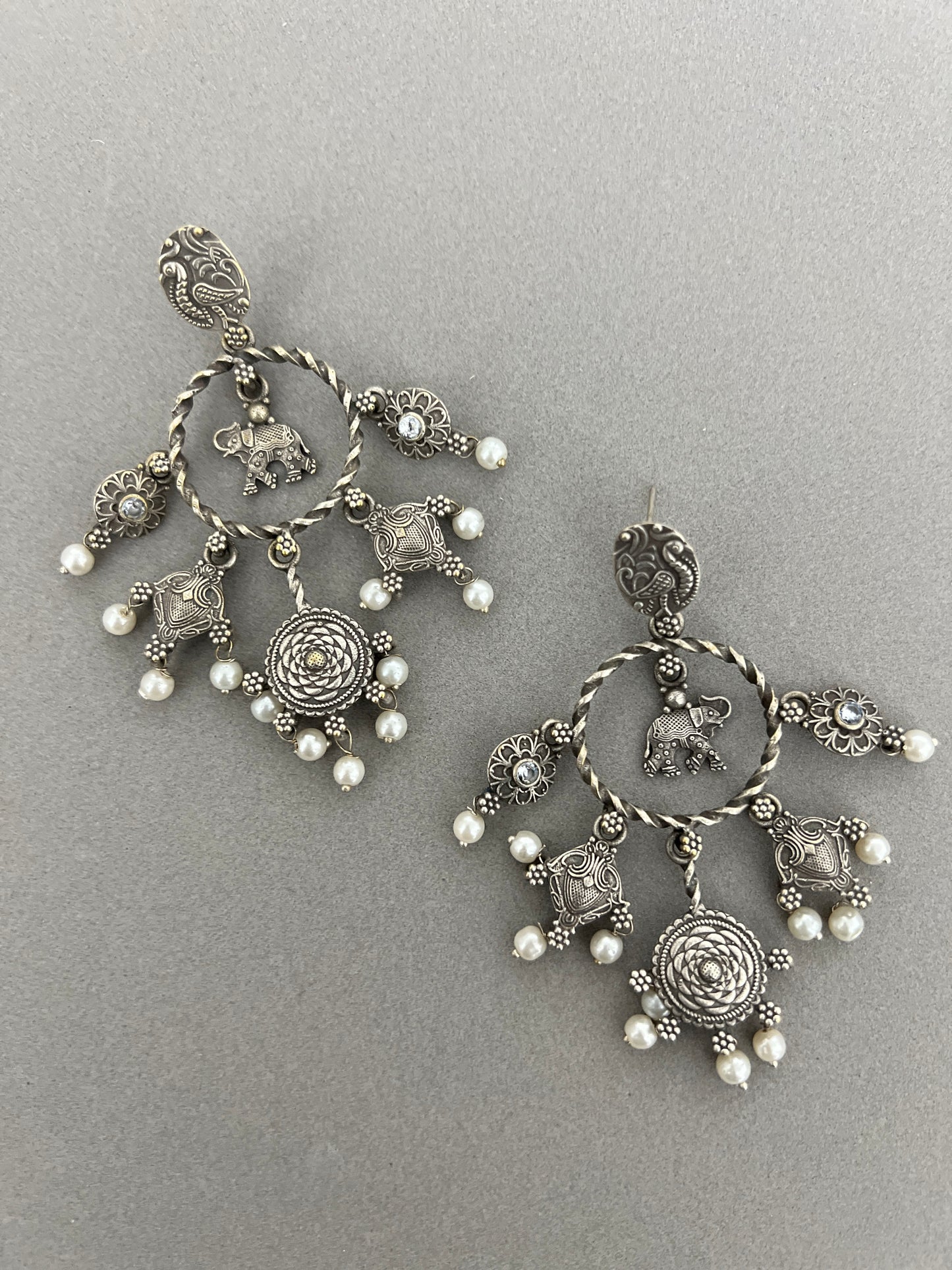 Silver Replica Earrings with Intricately Crafted Charms