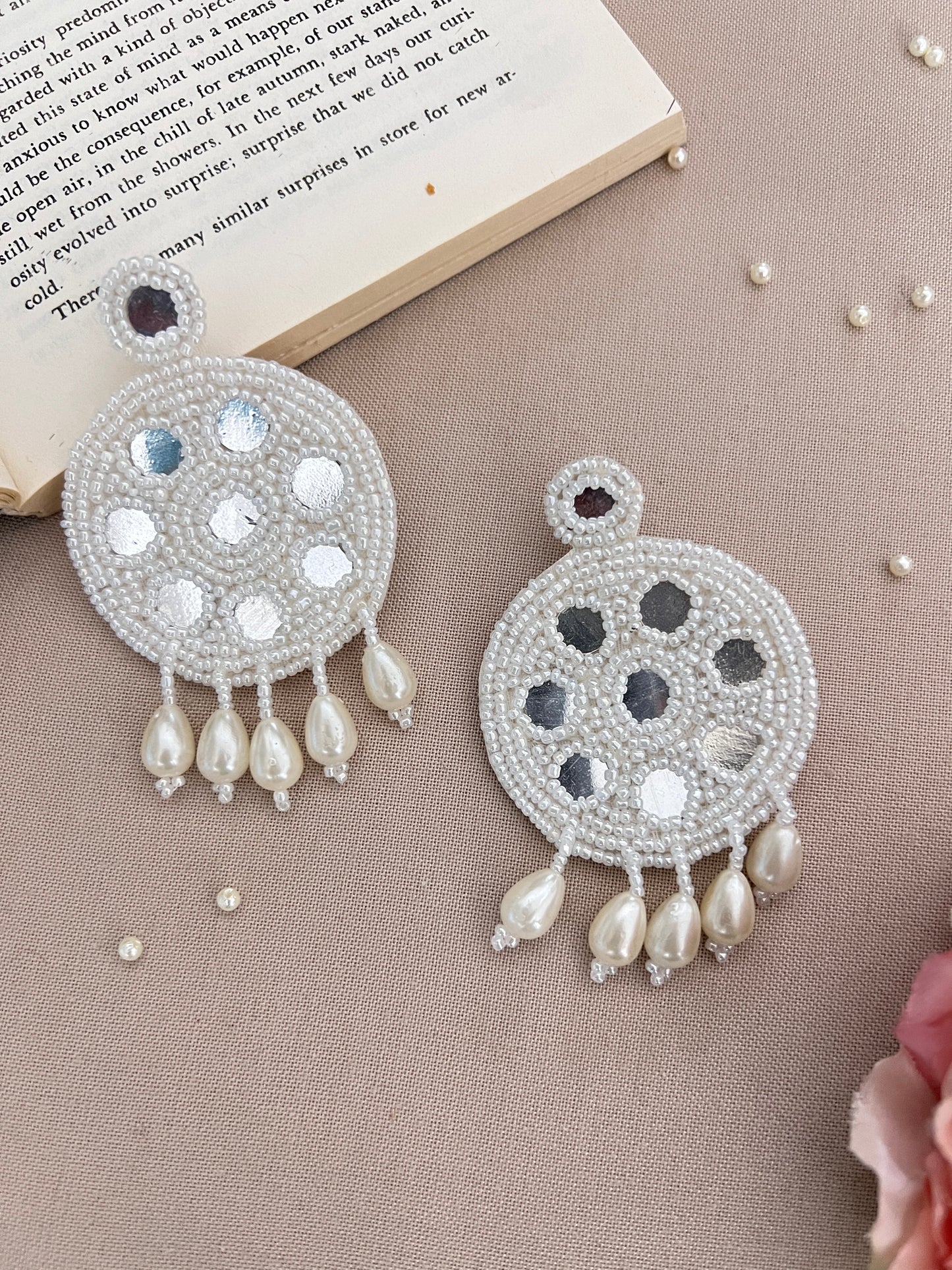 White Beaded Handcrafted Mirror and Pearl Earrings