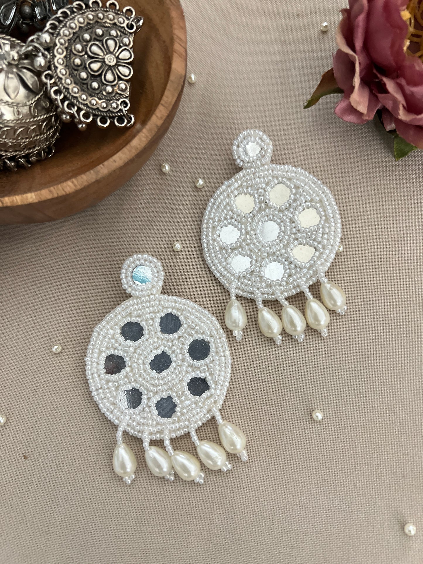White Beaded Handcrafted Mirror and Pearl Earrings