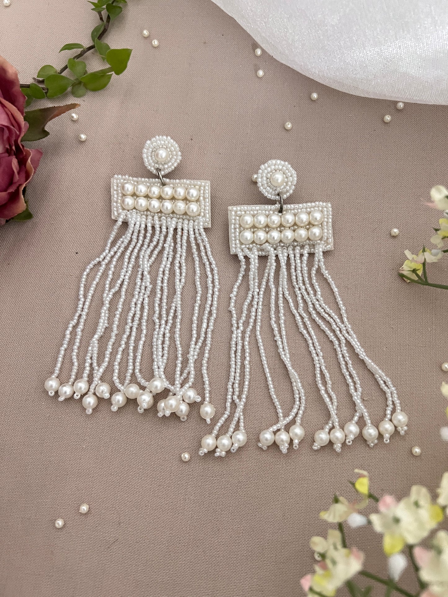 Elegant Handcrafted White Bead Dangling Long Earrings
