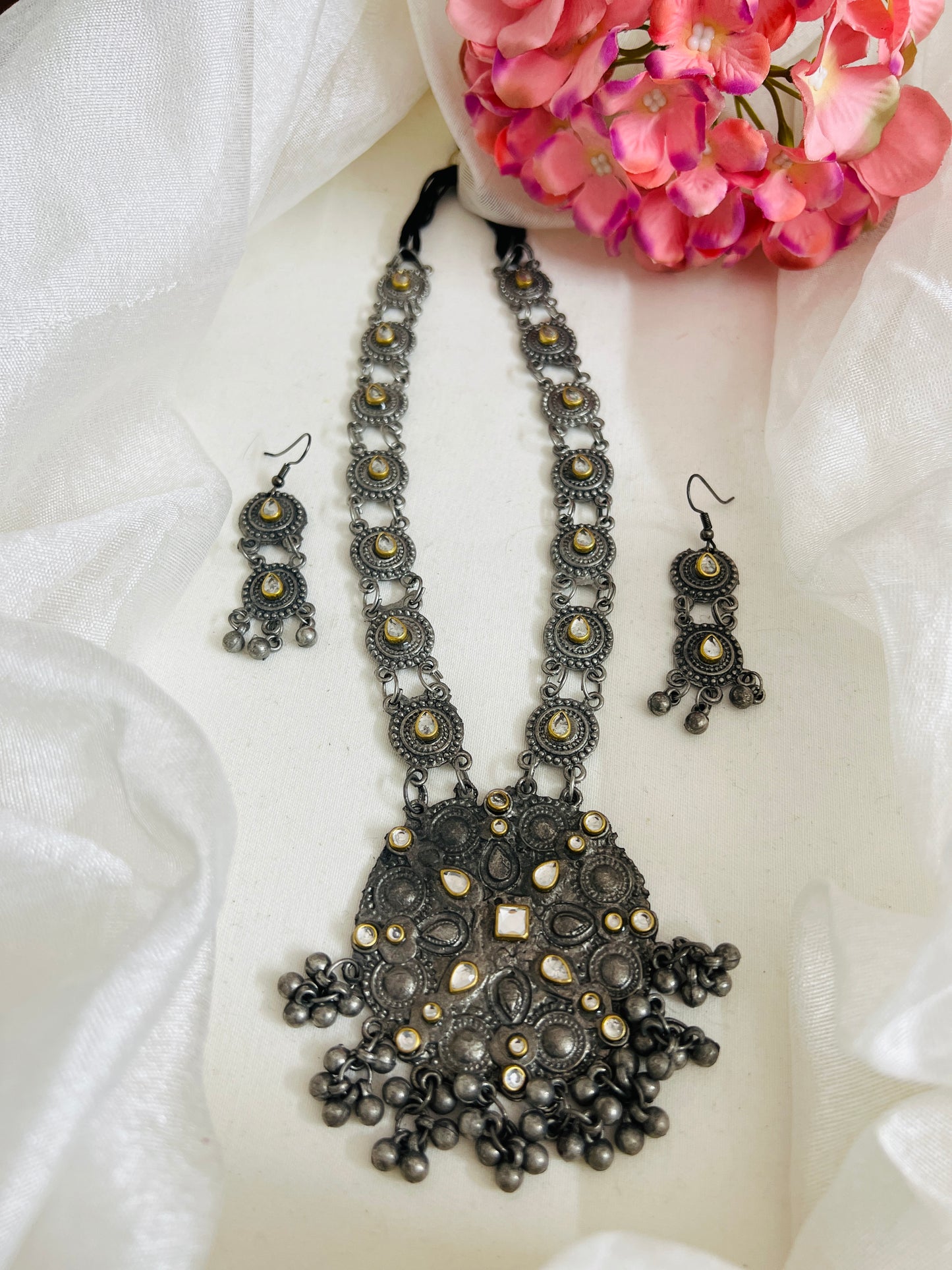 Antique Finish German Silver Necklace Earrings Set for Women