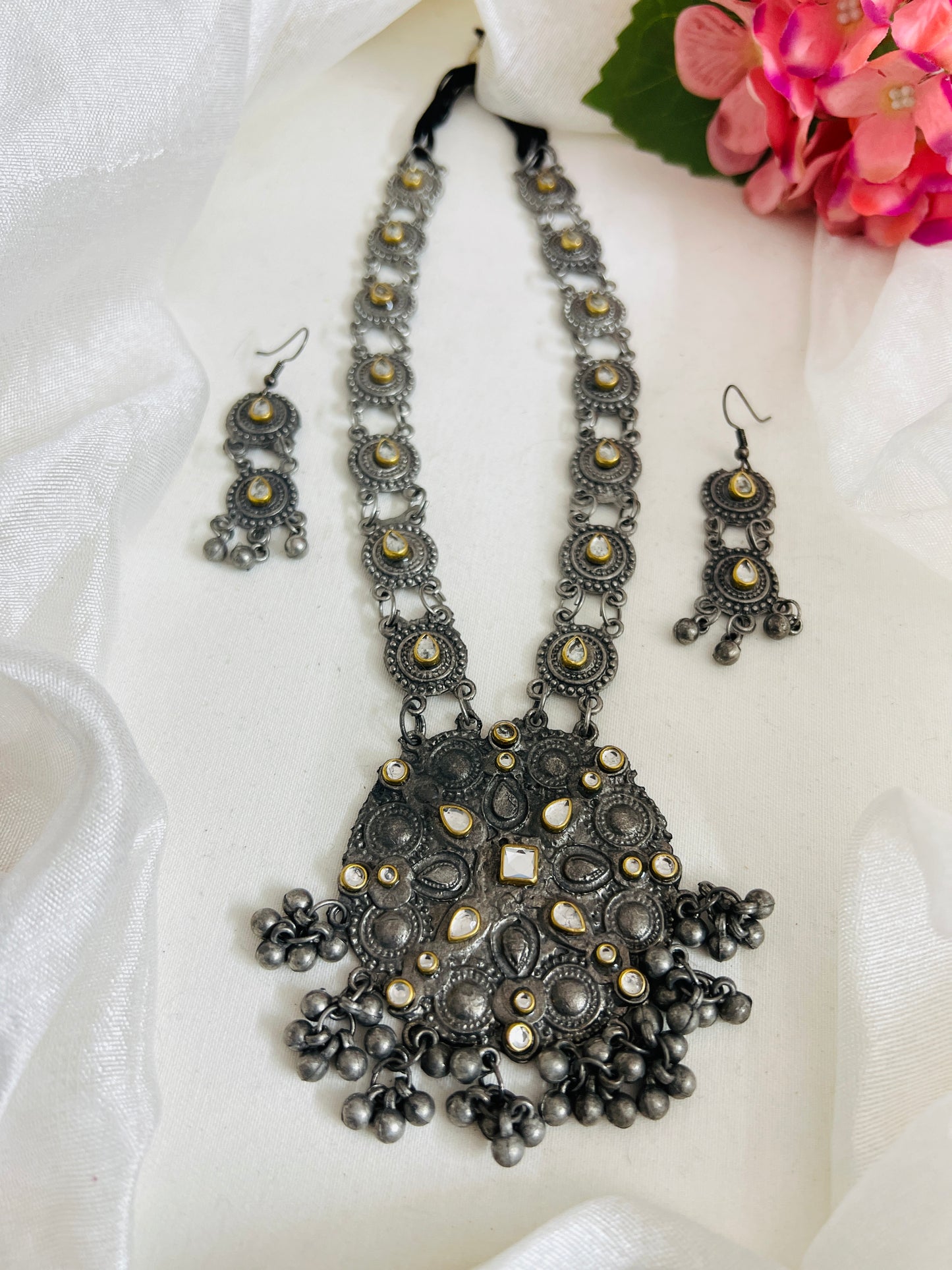 Antique Finish German Silver Necklace Earrings Set for Women