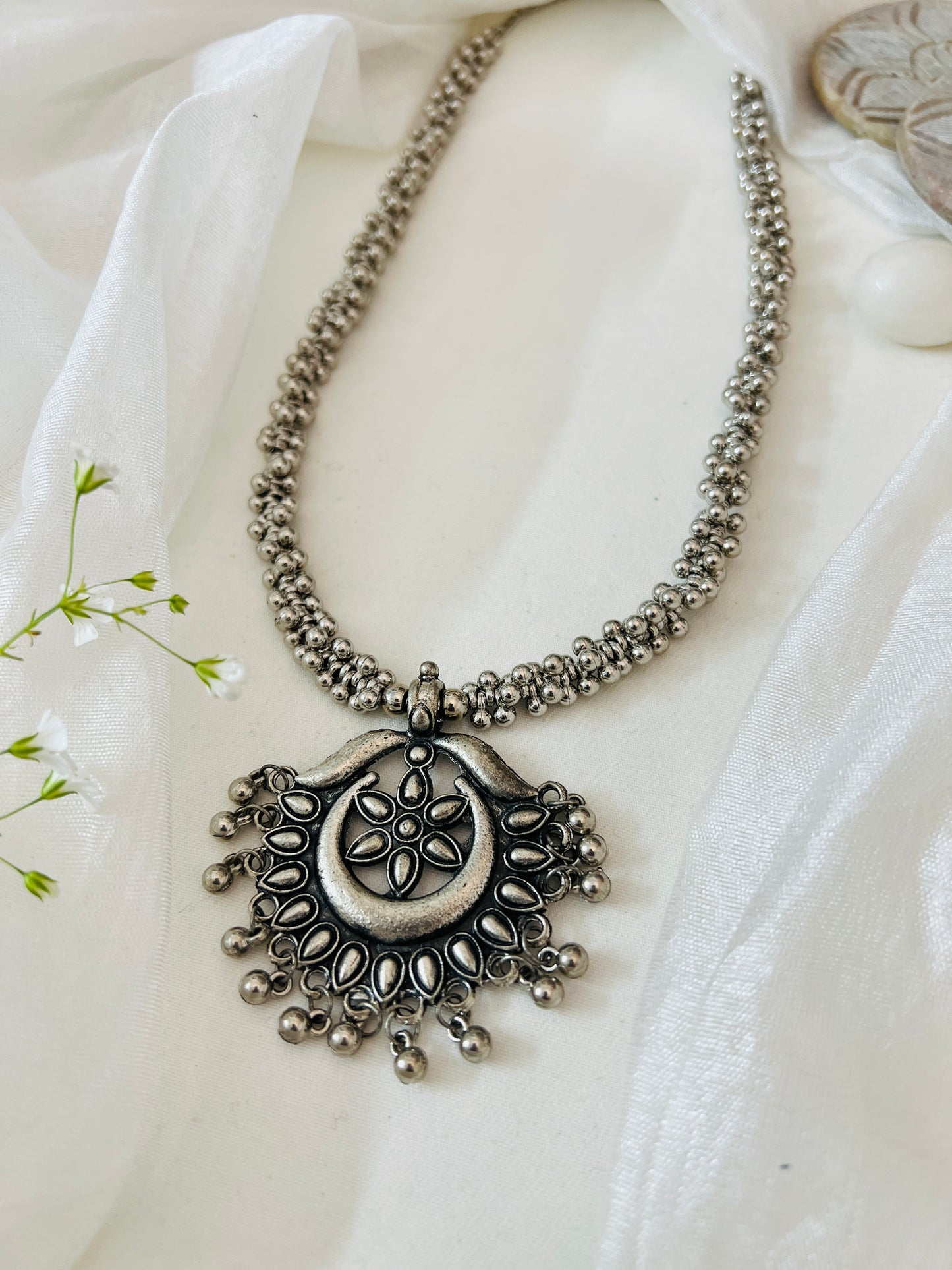 Oxidised Silver Floral Design Necklace for Women