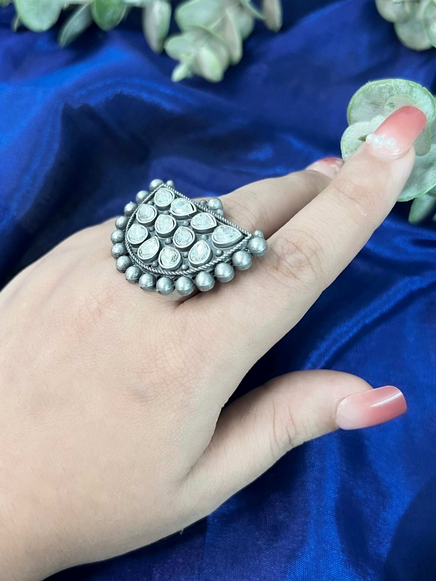 Half Moon Studded Oxidised German Silver Finger Ring Adjustable and Free Size