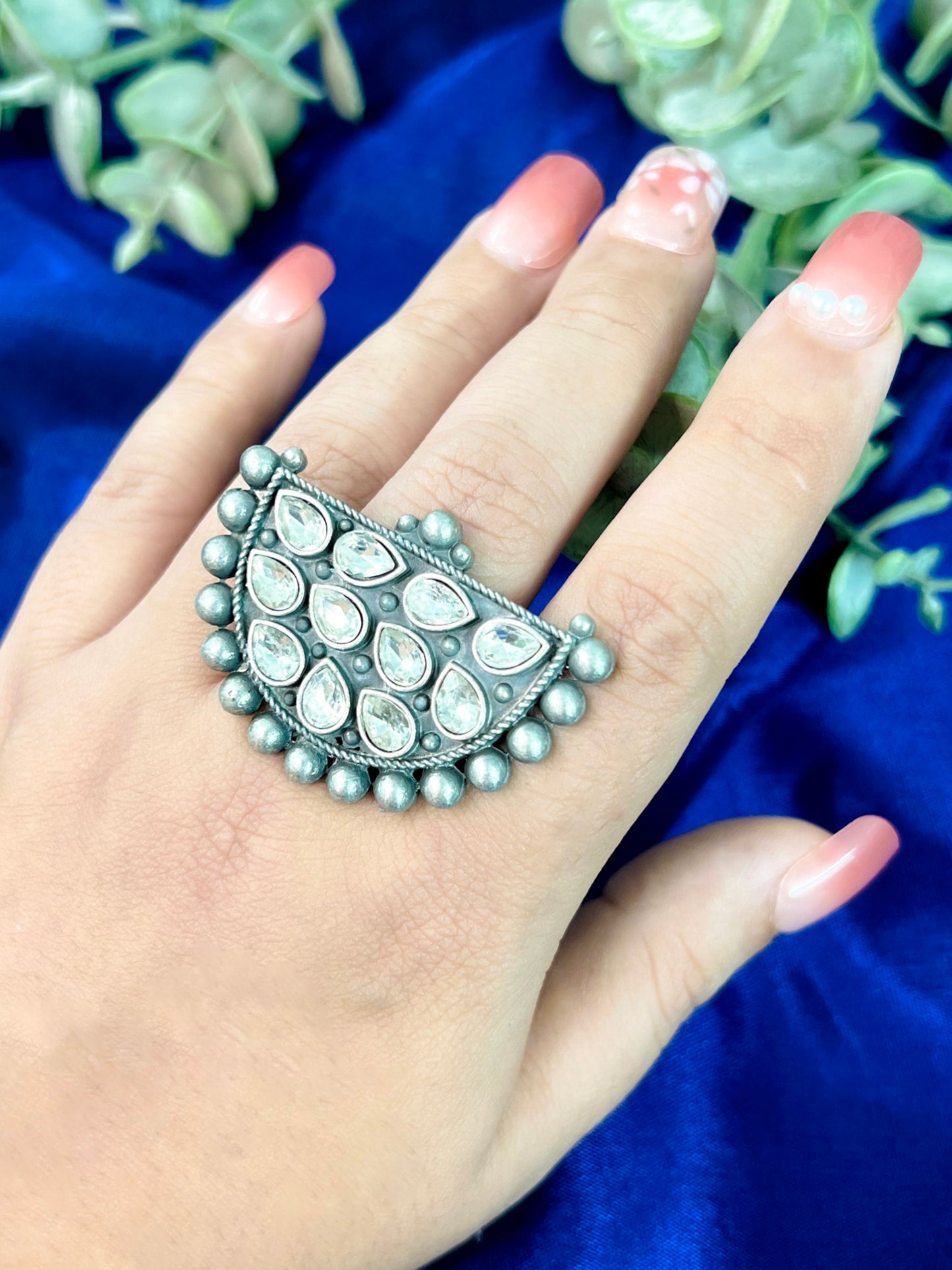Half Moon Studded Oxidised German Silver Finger Ring Adjustable and Free Size