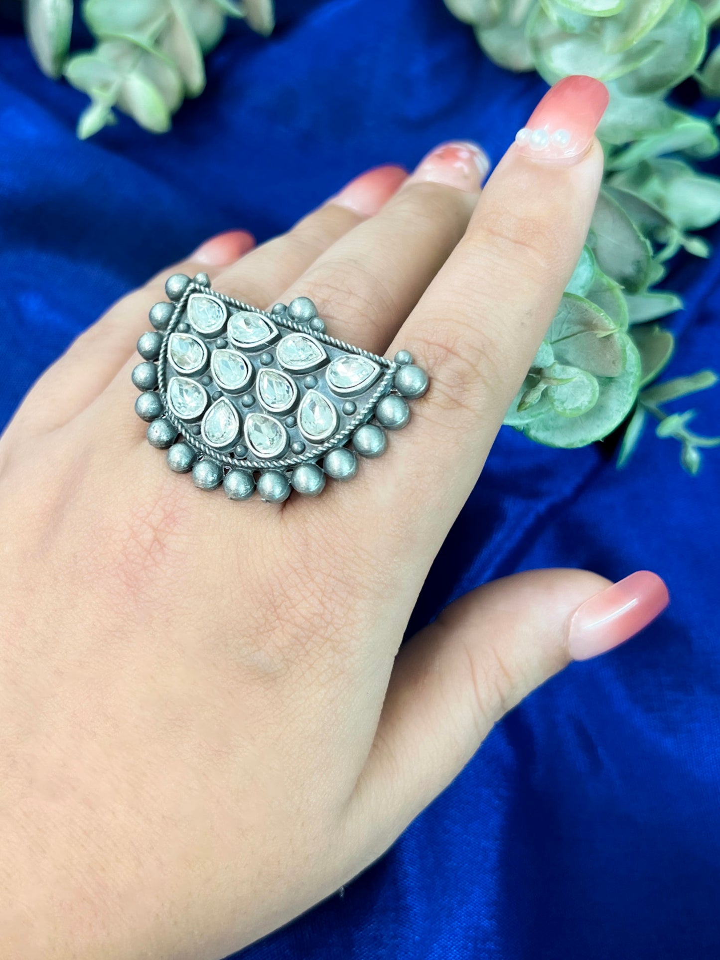 Half Moon Studded Oxidised German Silver Finger Ring Adjustable and Free Size