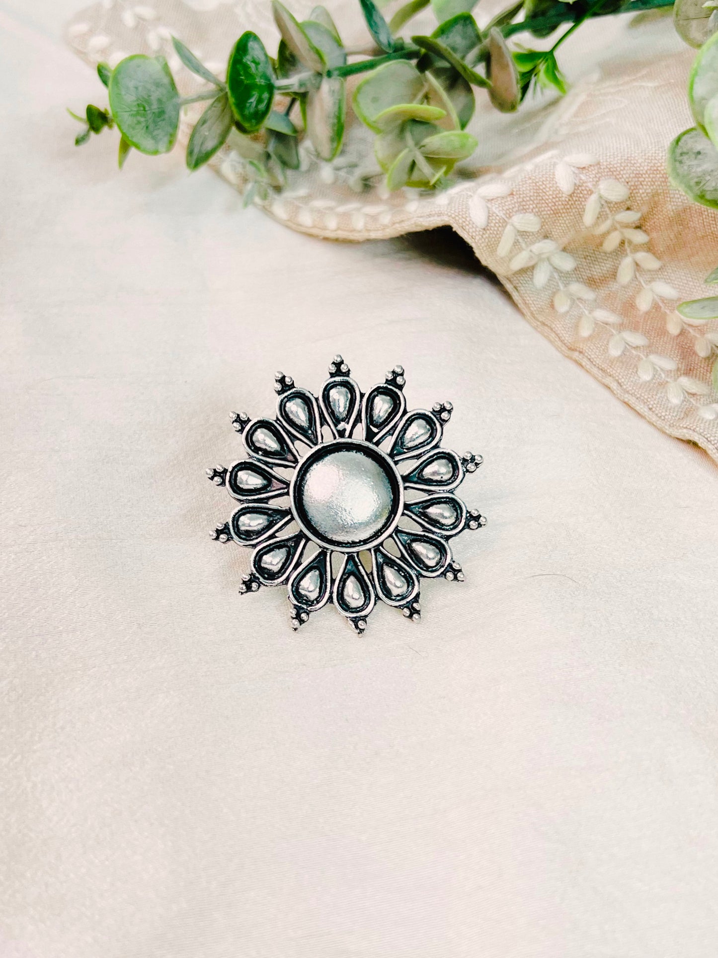 Chunky Round Surajmukhi Adjustable Free Size German Silver Finger Ring