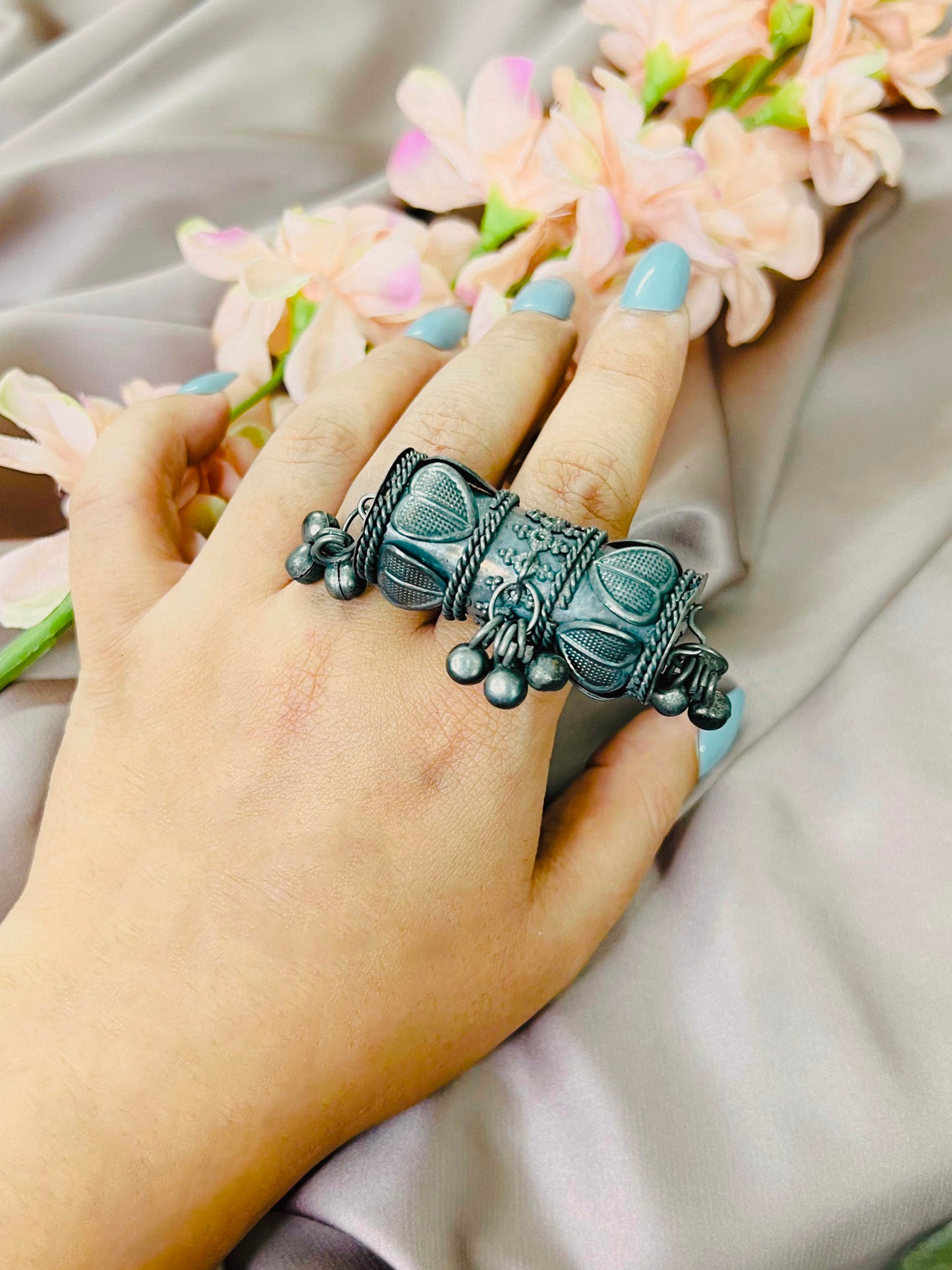 Chunky Antique Black Finish German Silver Tribal Ghungaroo Finger Ring