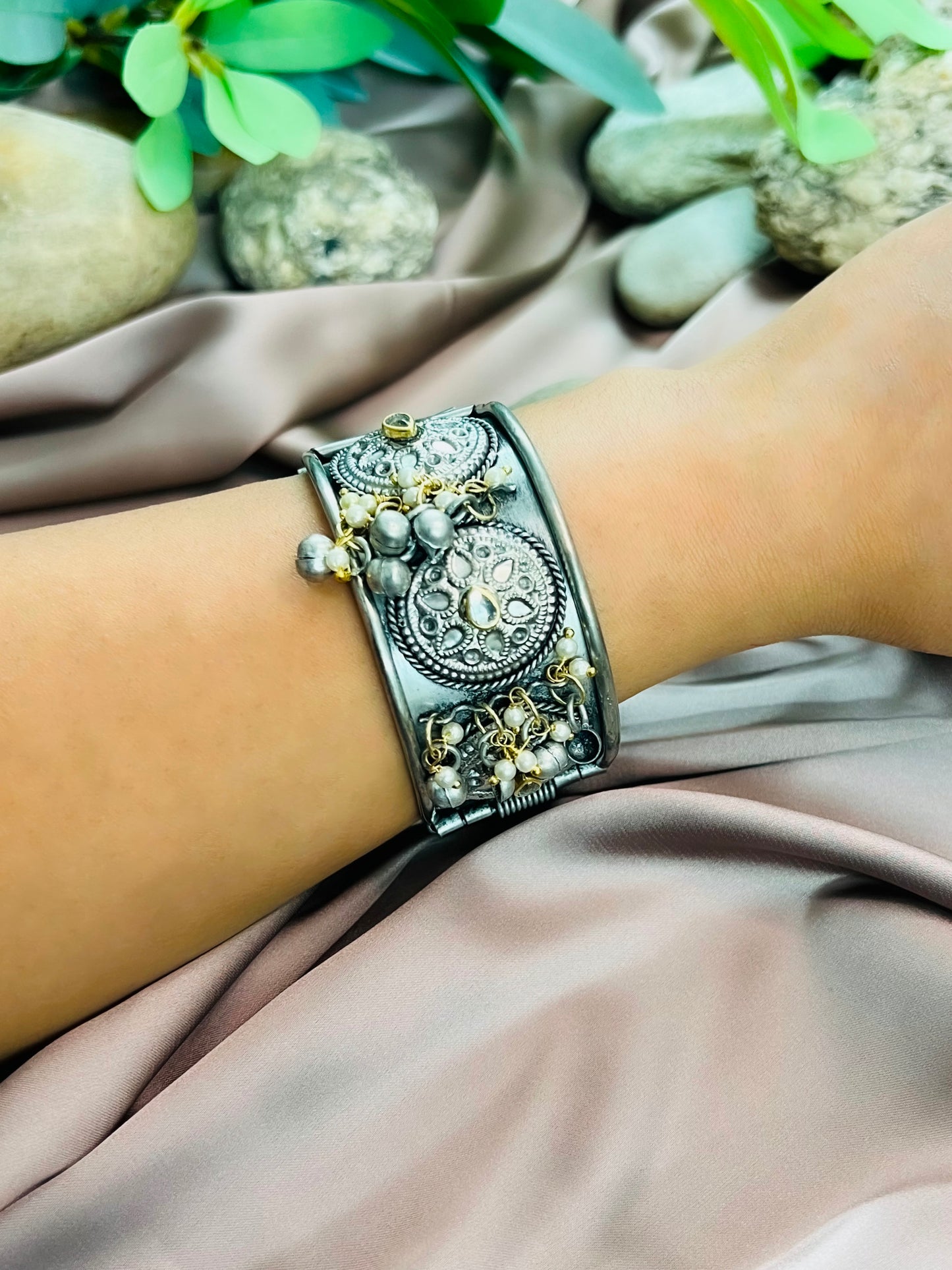Oxidised Cuff Bangle Bracelet with Kundan and Ghungroo Free Size
