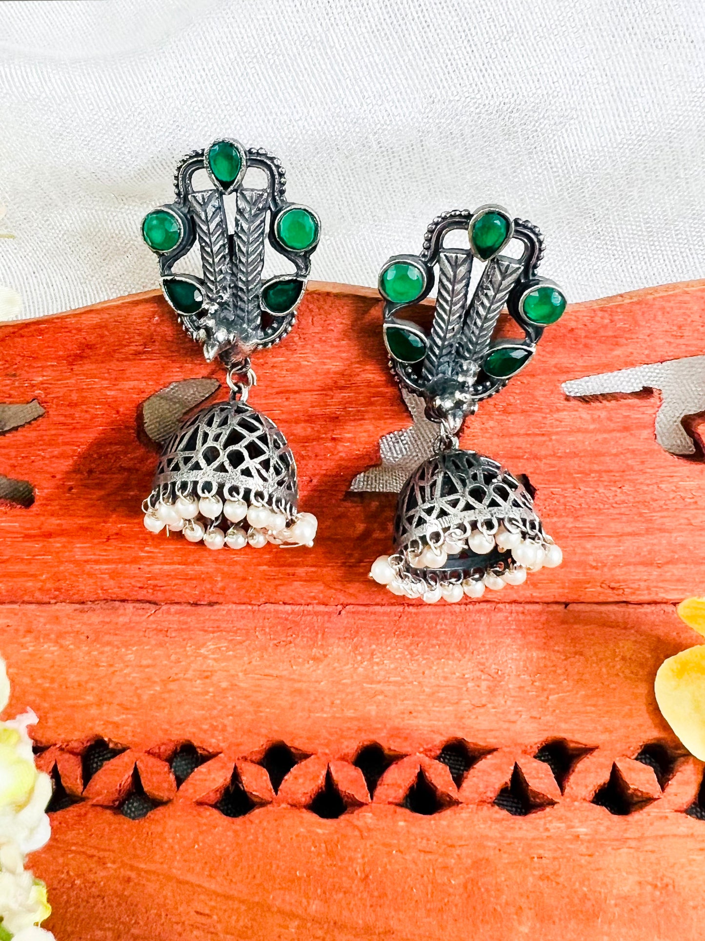 Silver Replica Peacock Jhumka Earrings Available in Two Color Varients