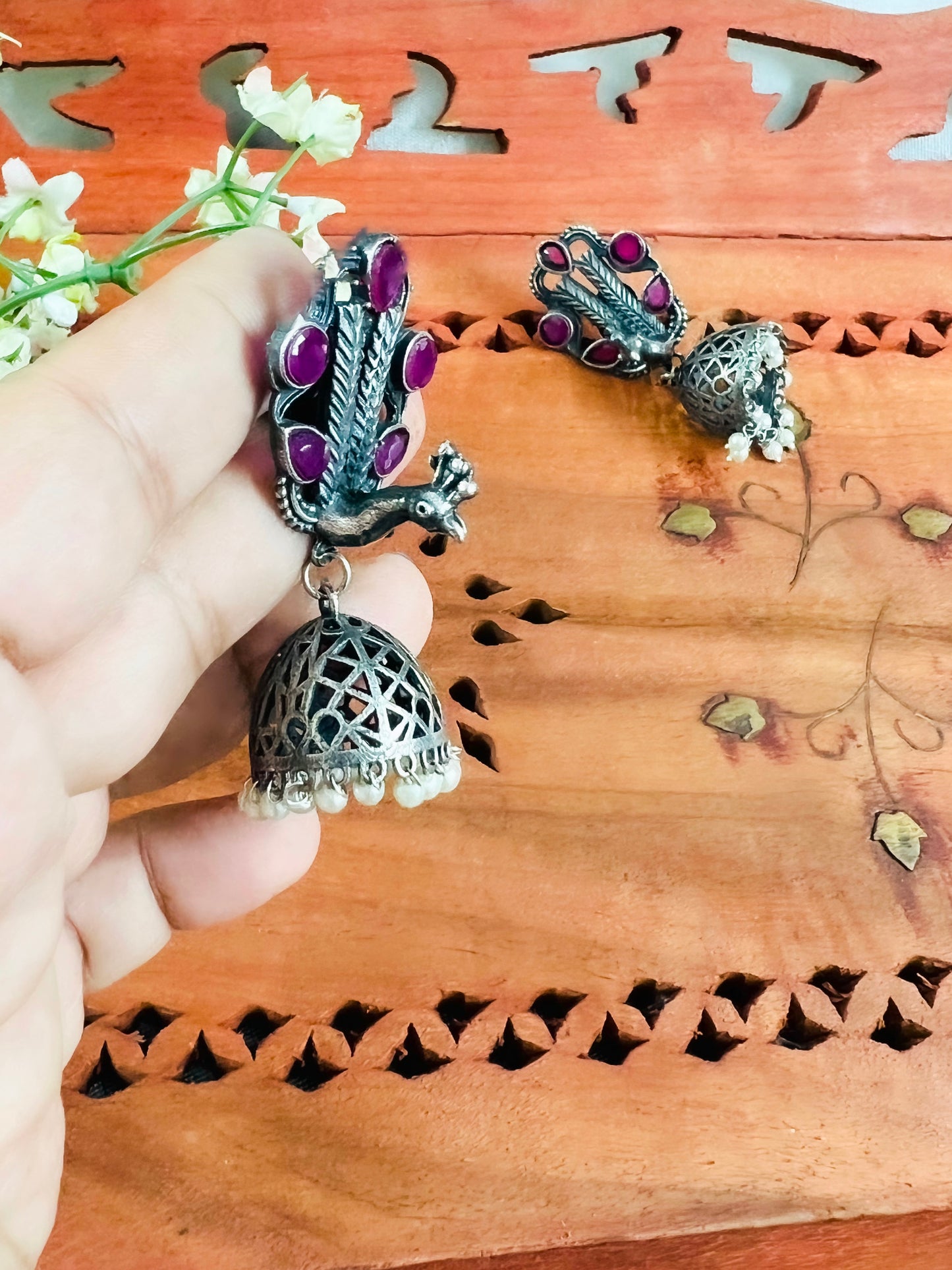 Silver Replica Peacock Jhumka Earrings Available in Two Color Varients