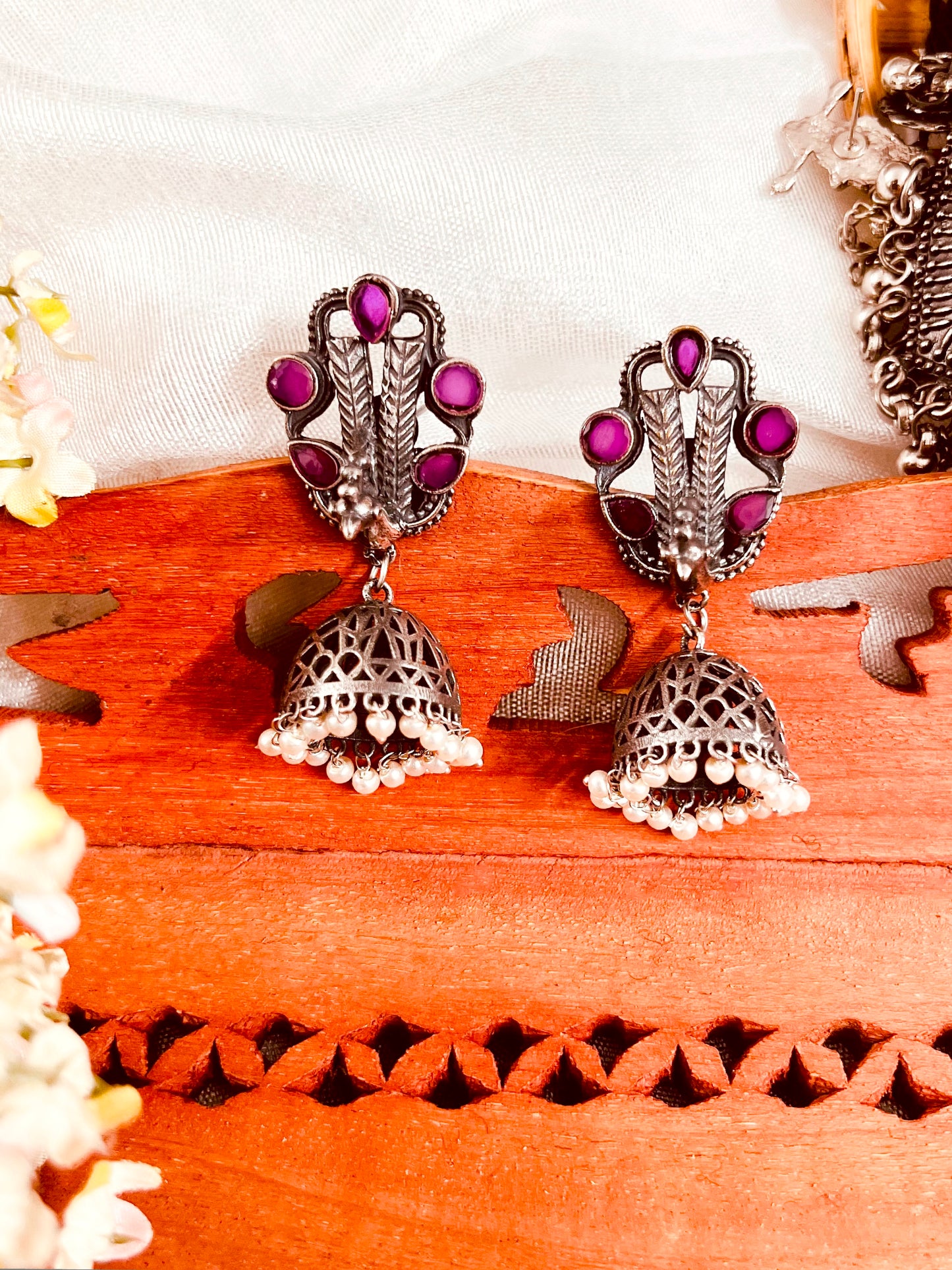 Silver Replica Peacock Jhumka Earrings Available in Two Color Varients