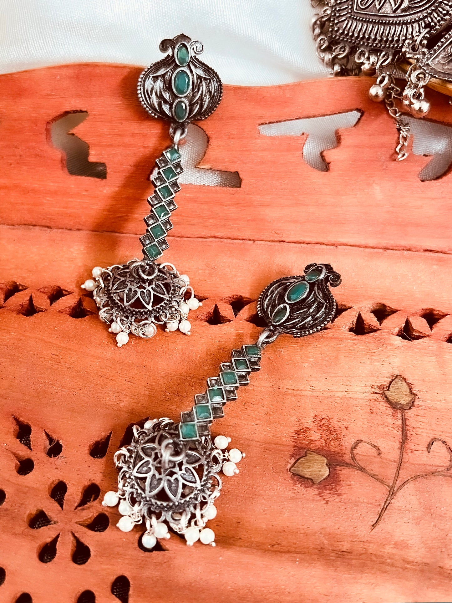 Oxidised Silver Boho Emerald Green Color Jhumka Earrings for Women
