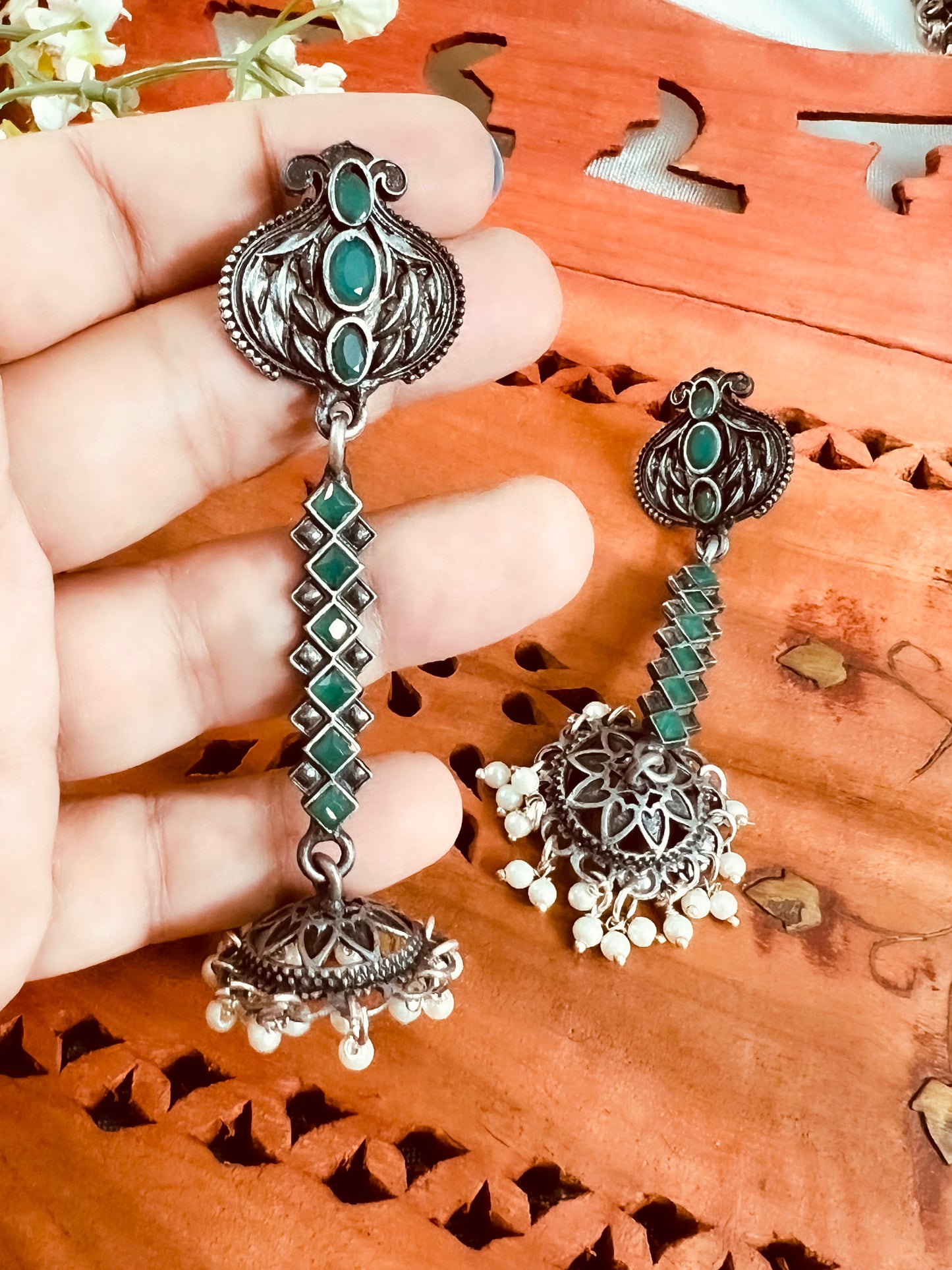 Oxidised Silver Boho Emerald Green Color Jhumka Earrings for Women
