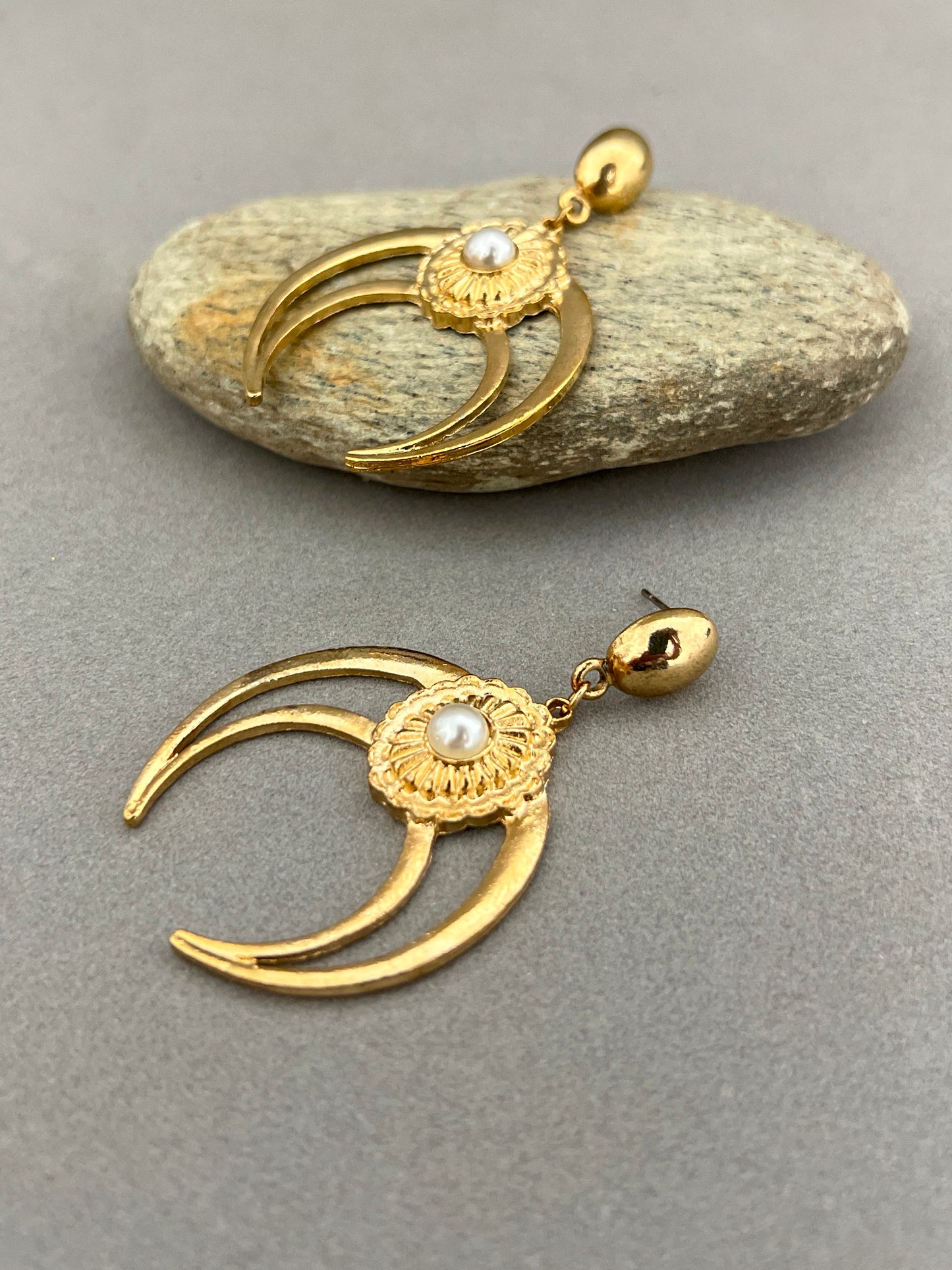 Golden Horn Crescent moon Drop Statement Earrings