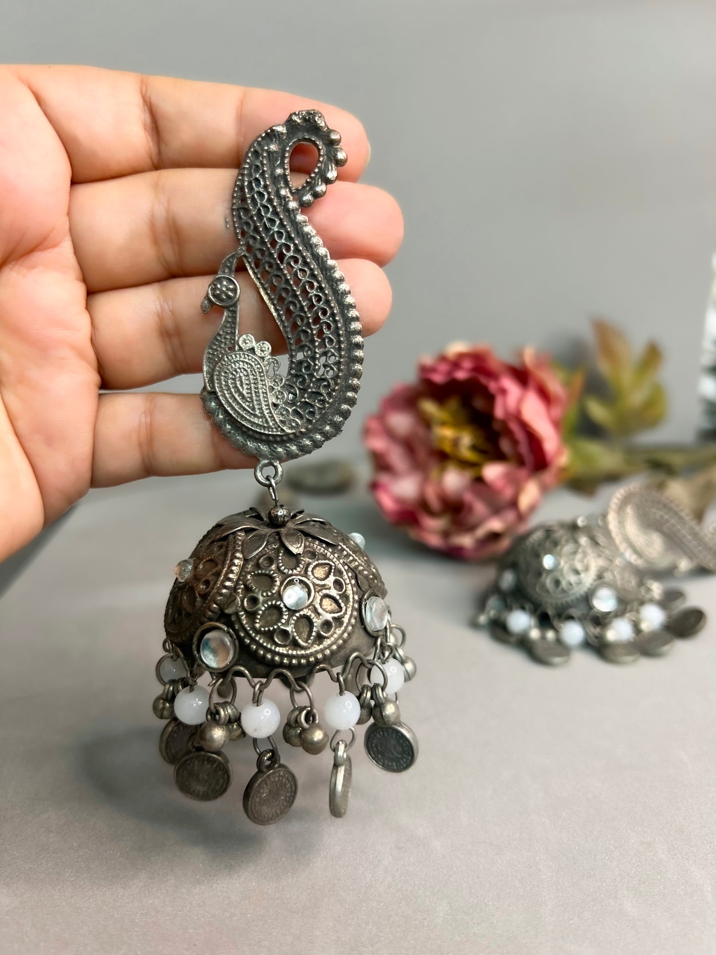 Light Antique Finish Oxidised Silver Long Peacock Jhumkas Earrings for Women