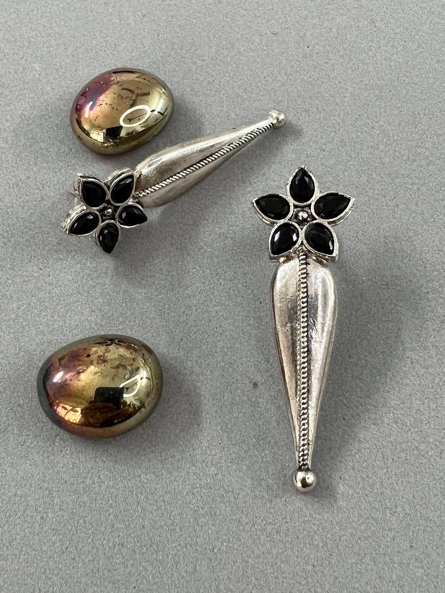 German Silver Black Stone Studded Flower and Leaf Studs Earrings
