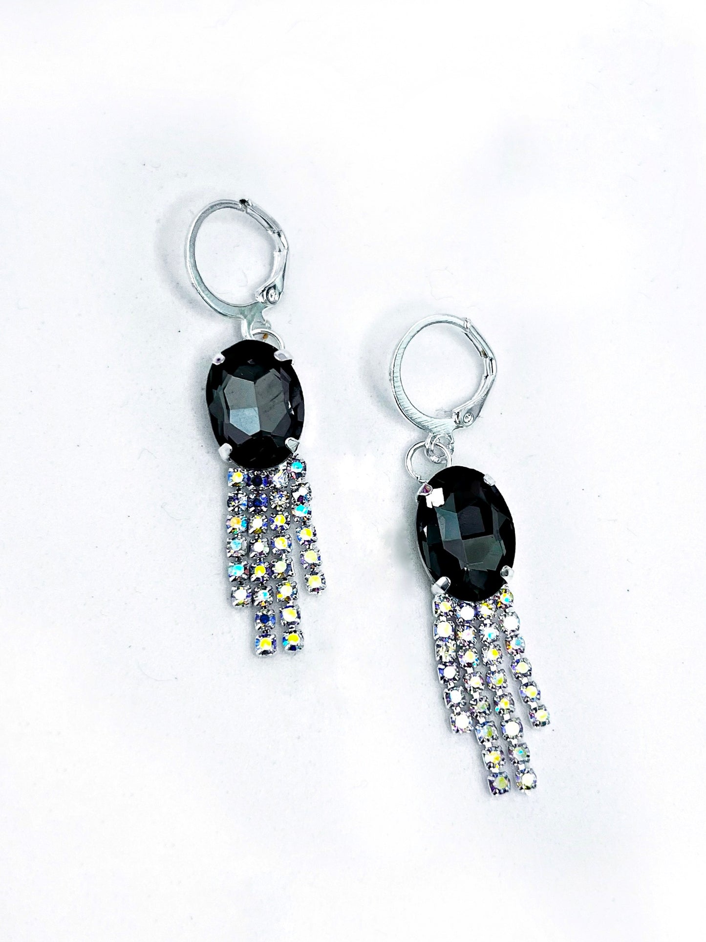 Black and Rainbow Rheinstone Drop Hoop Earrings