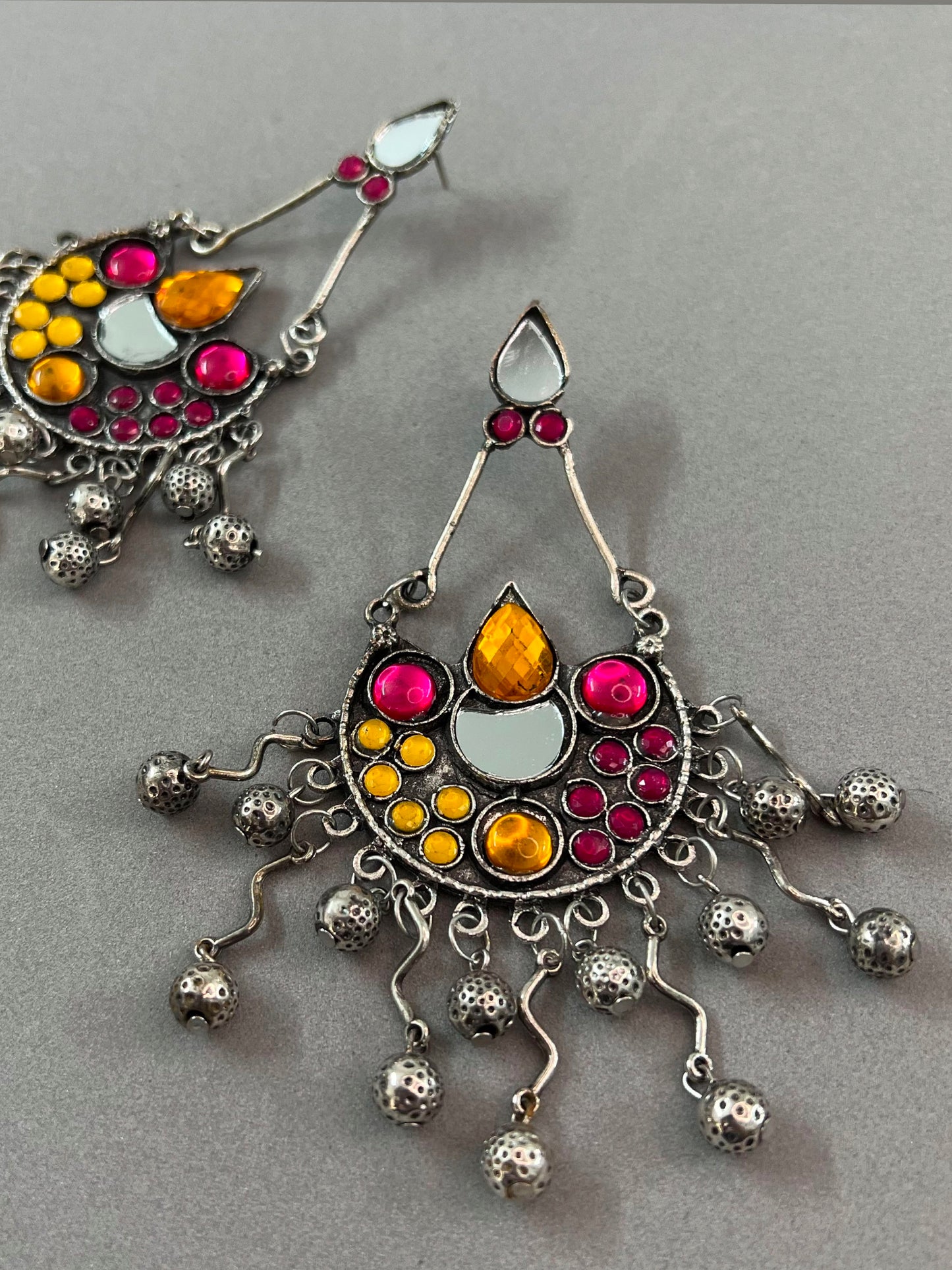 Mirror and Kundan Afghani Oxidised Earrings