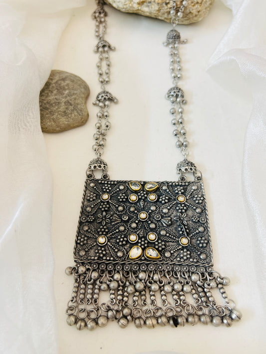 One of Kind Square Shape Chunky Long Oxidised German Silver Necklace