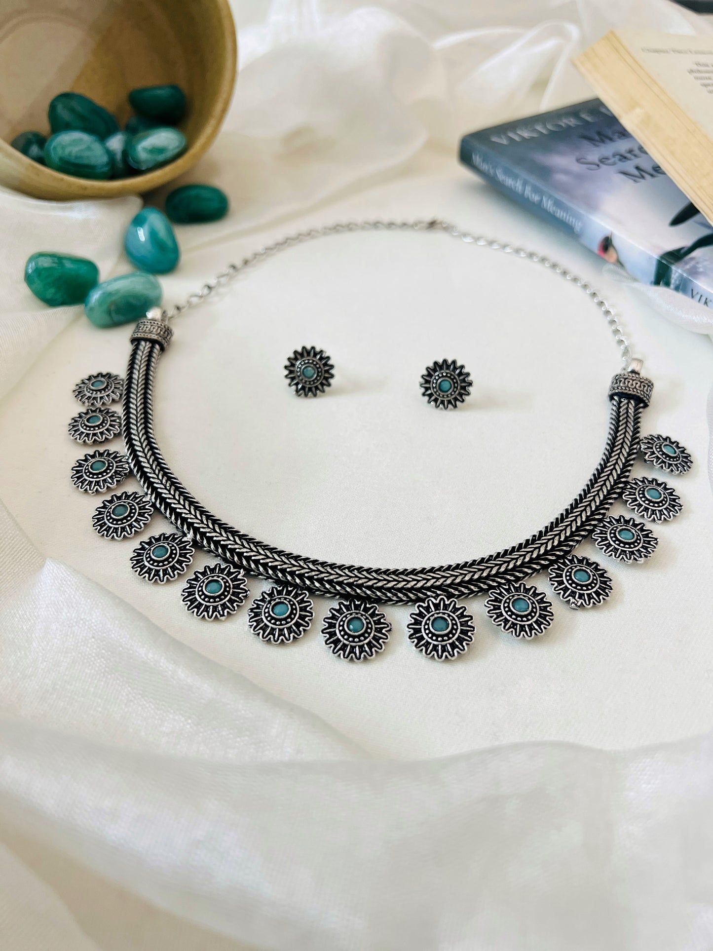 German Silver Sea Green Necklace with Stud Earrings  Set