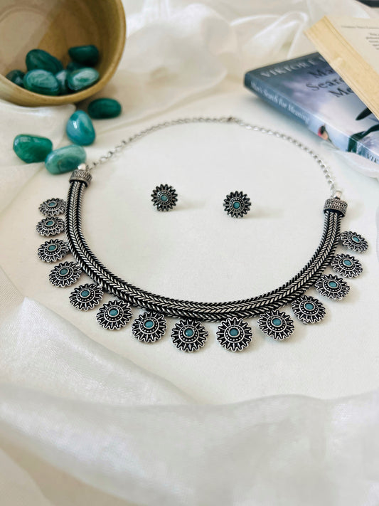 German Silver Sea Green Necklace with Stud Earrings  Set
