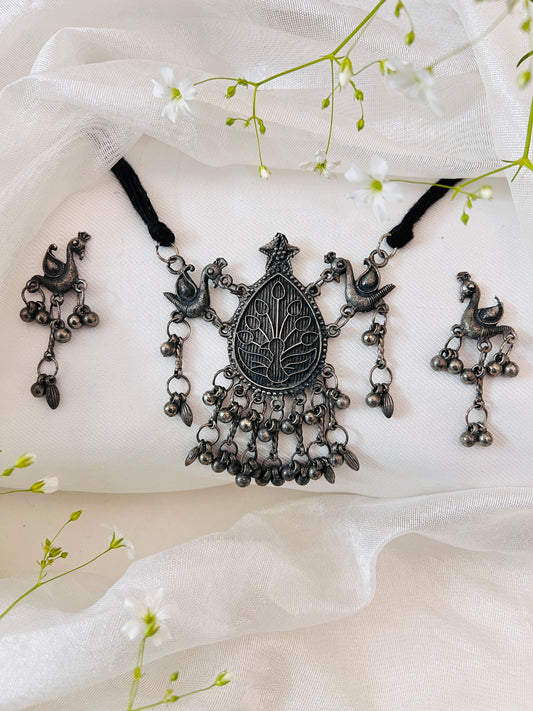 Oxidised Silver Peacock Choker Necklace with Earrings