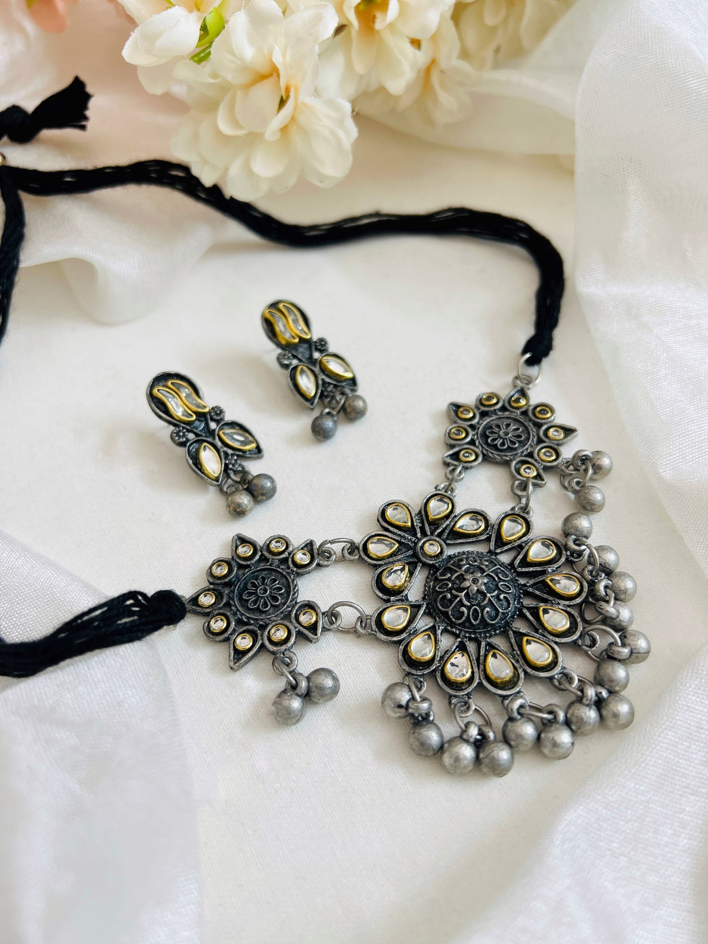 Oxidised German Silver Antique Kundan Necklace Earrings Set for Women