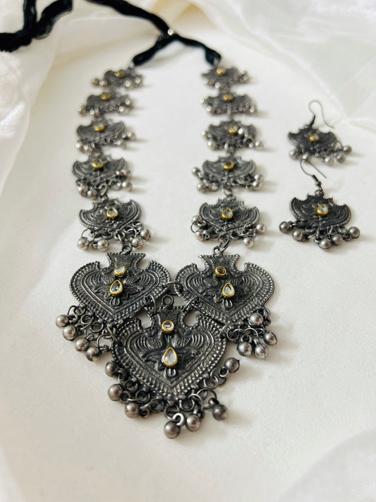 Oxidised SIlver Antique Black Finish Long Boho Necklace with Earrings