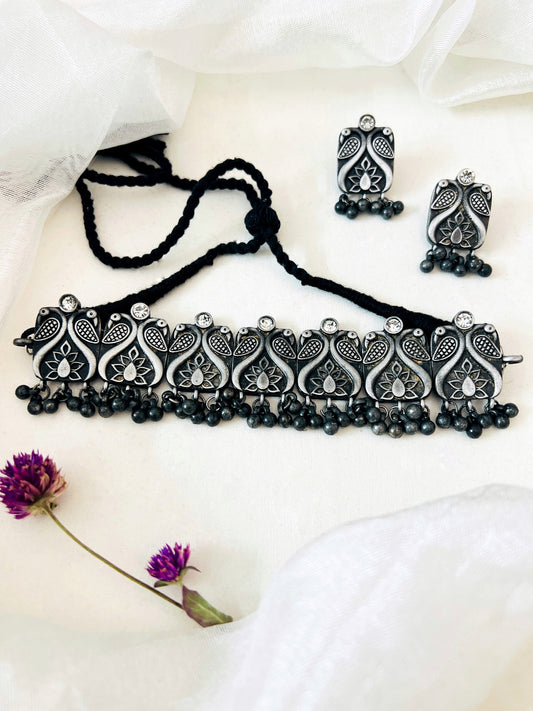 German Silver Oxidised Peacock Choker Necklace With Earrings Set