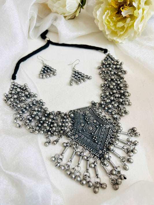 Oxidised German Silver Antique Boho Afghani Tribal Necklace With Earrings