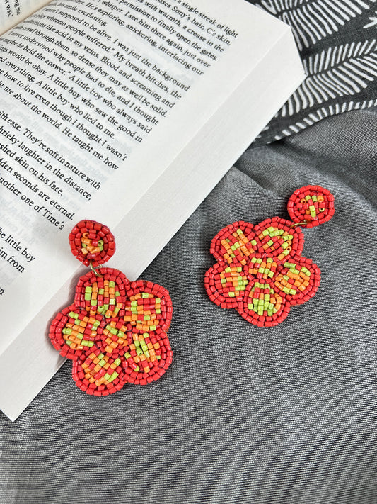 Handmade Beaded Orange Cosmos Flower Earrings