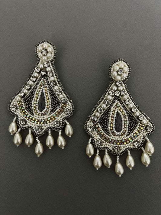 HandCrafted White Beaded Chandelier Drop Earrings