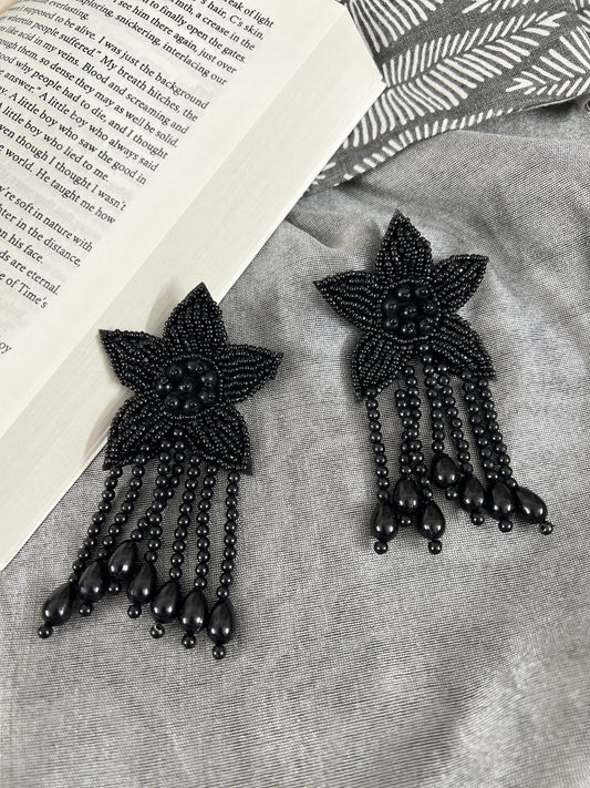Black Beaded Handcrafted Floral Earrings