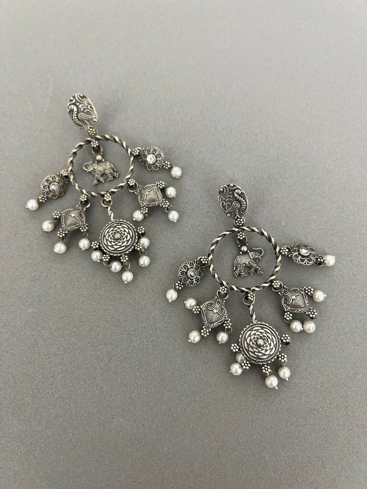 Silver Replica Earrings with  Intricately Crafted Charms