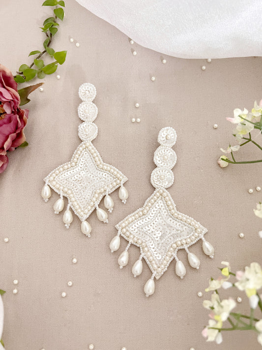 White Pearl Handmade Beaded Party Wear Earrings