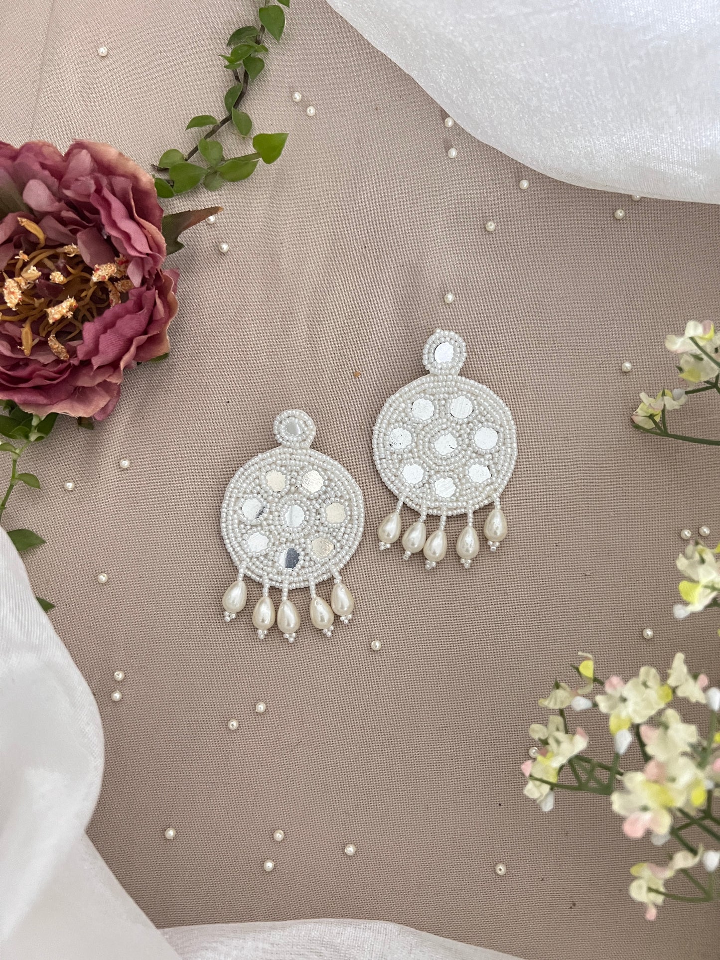 White Beaded Handcrafted Mirror and Pearl Earrings
