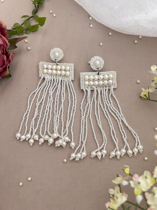 Elegant Handcrafted White Bead Dangling Long Earrings