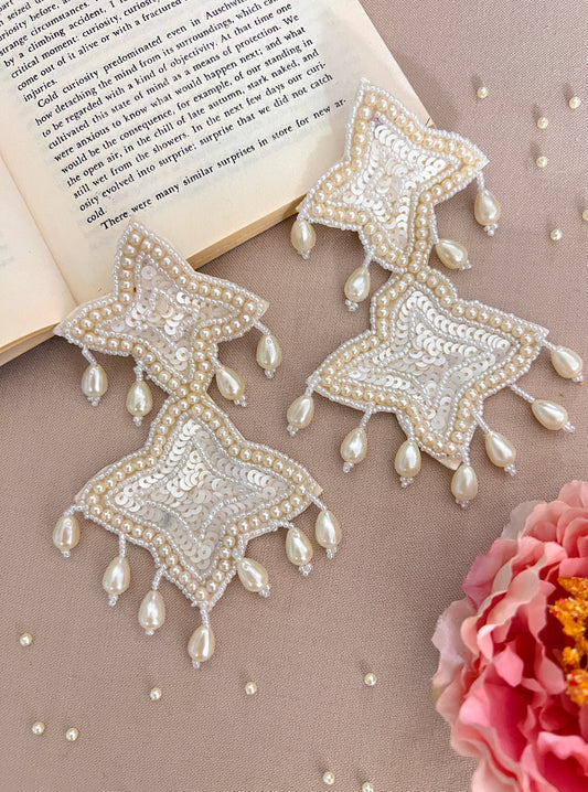 White Beaded Handcrafted Pearl Dangler Earrings
