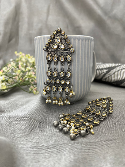 Oxidised German Silver Kundan Studded Antique Finish Chandelier Earrings